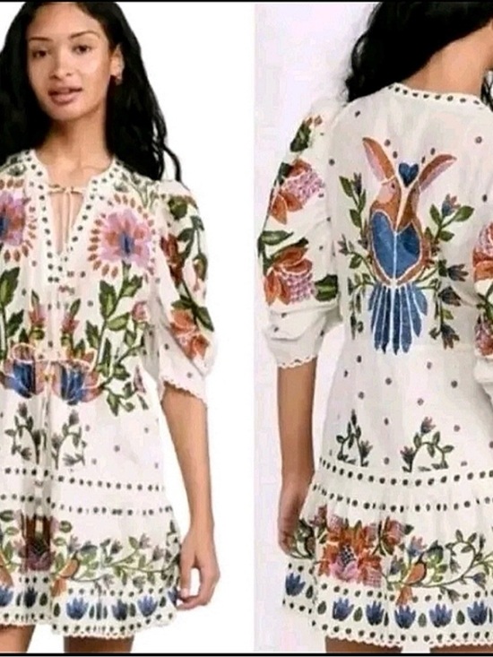 FARM Rio Dresses & Skirts - FARM Rio White Embroidered Dress with Blue, Green & Pink Accents